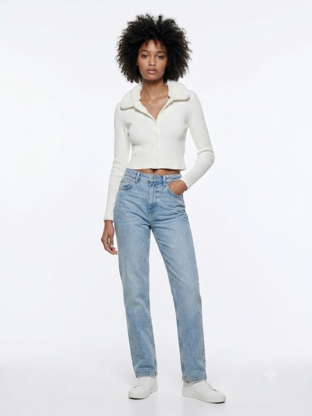 ZARA Cream Faux Fur Collar Ribbed Cropped Knit Cardigan Sweater